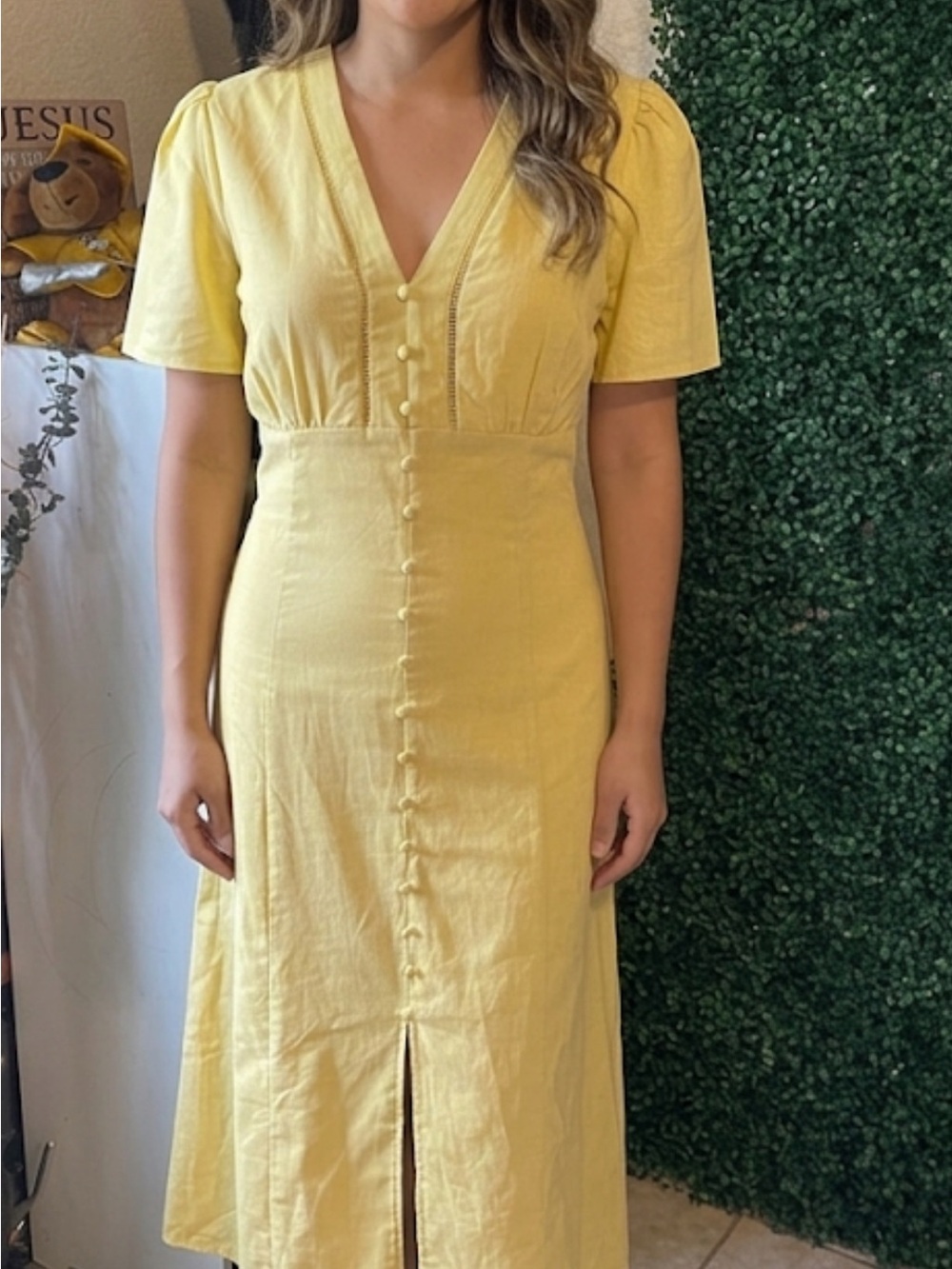 RIHOAS Yellow Button-Front V-Neck Midi Dress